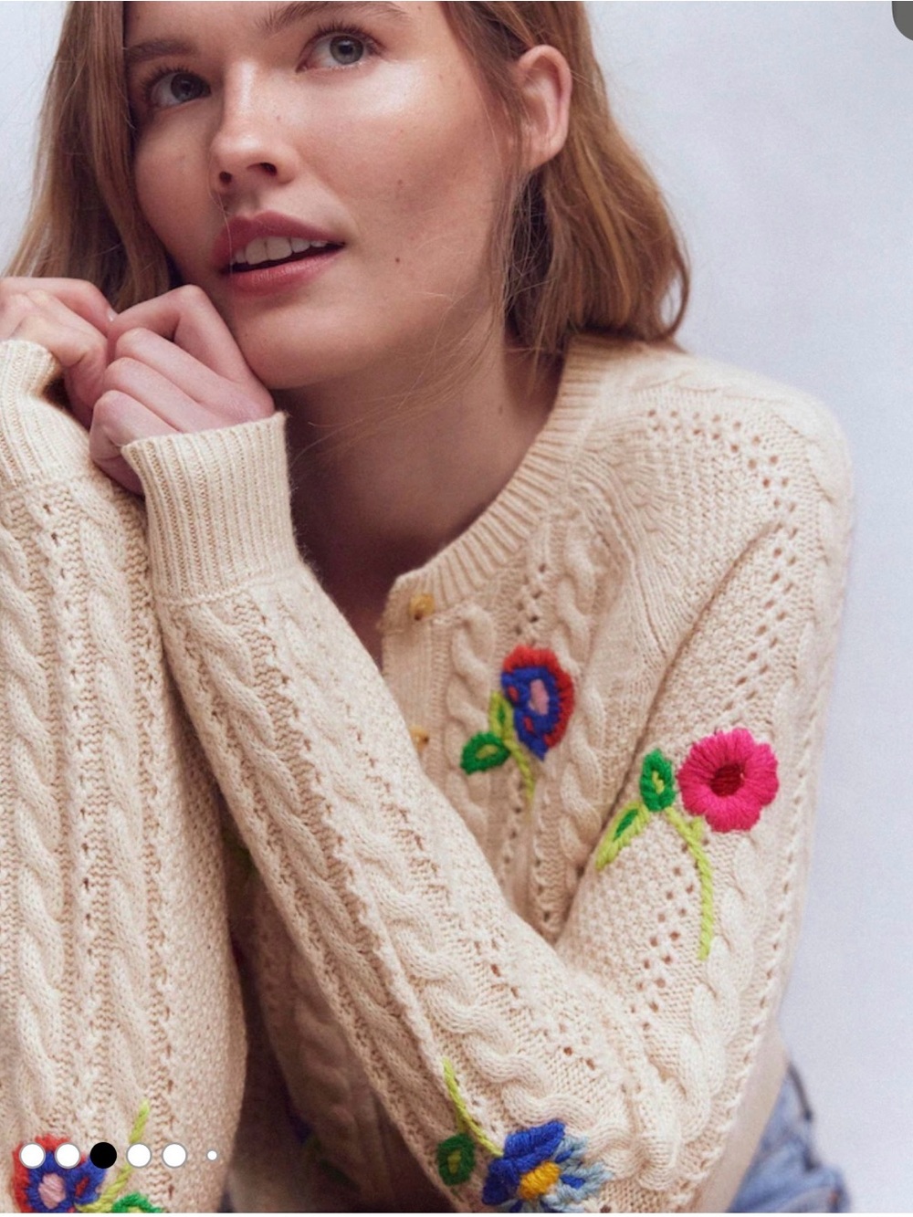 Boden Cream Embroidered Floral Cable-Knit Cardigan Sweater NWT Size M - Picture 3 of 8